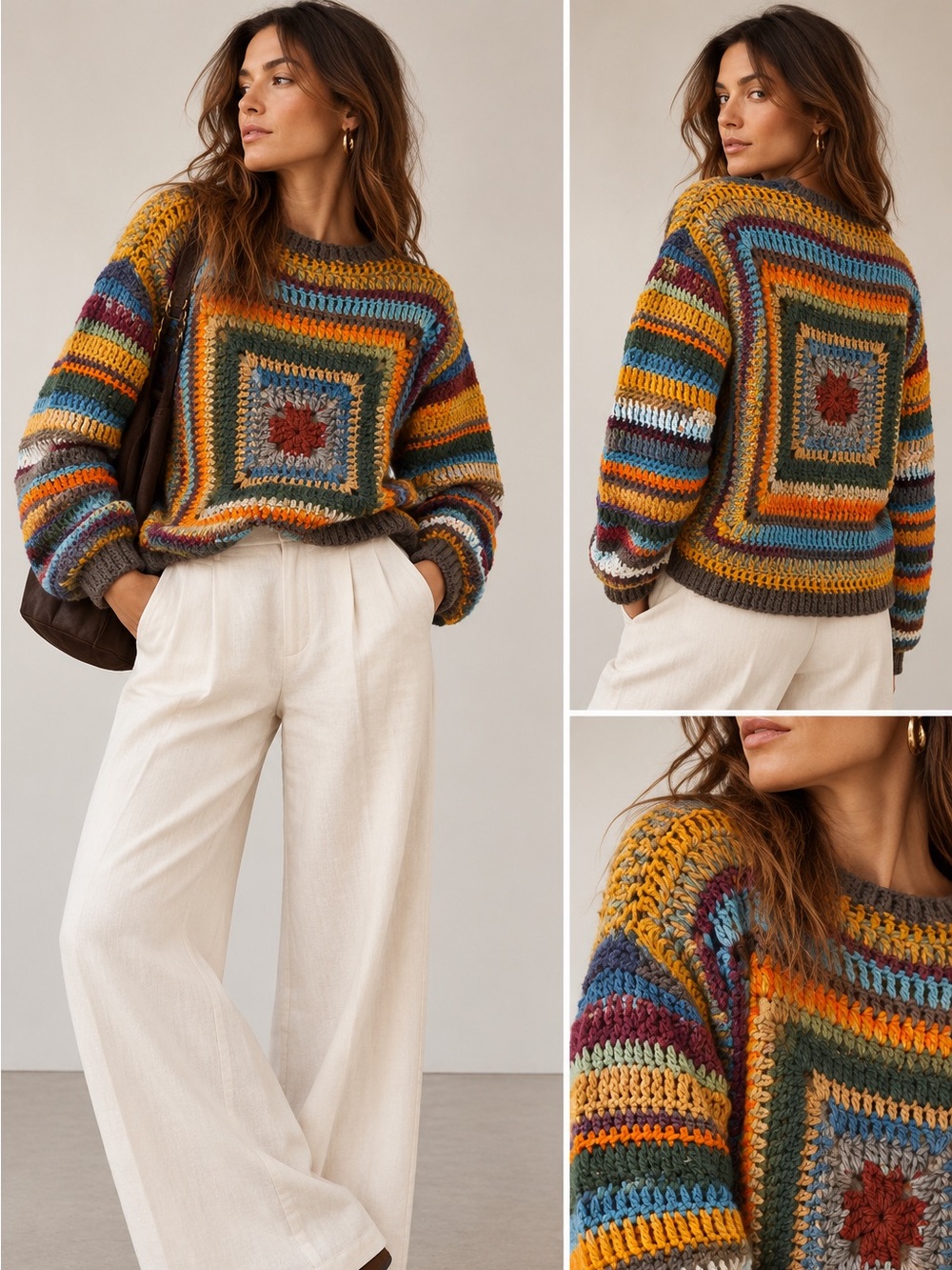 Handmade Boho Granny Square Crochet Pullover Sweater